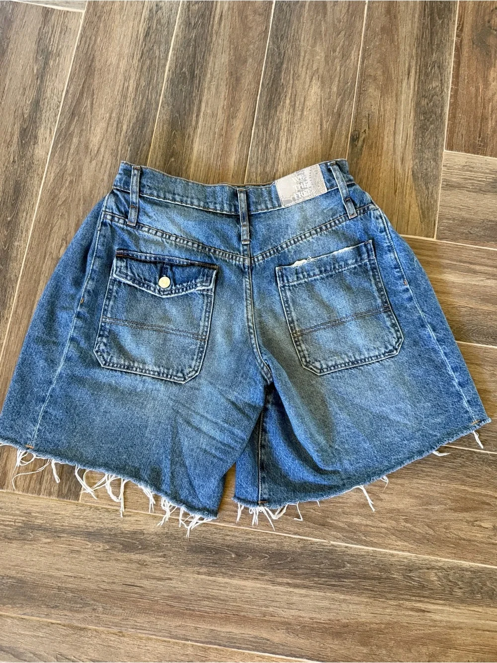 We The Free Boomerang Long Distressed Blue Denim Shorts